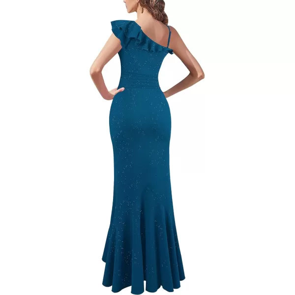 VFSHOW Womens Formal Prom One Shoulder Strap Ruched Ruffle Split Maxi Dress 2023 Sexy V Neck Wedding Guest Evening Long GownSparkly Teal Blue2