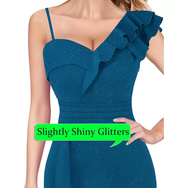 VFSHOW Womens Formal Prom One Shoulder Strap Ruched Ruffle Split Maxi Dress 2023 Sexy V Neck Wedding Guest Evening Long GownSparkly Teal Blue2