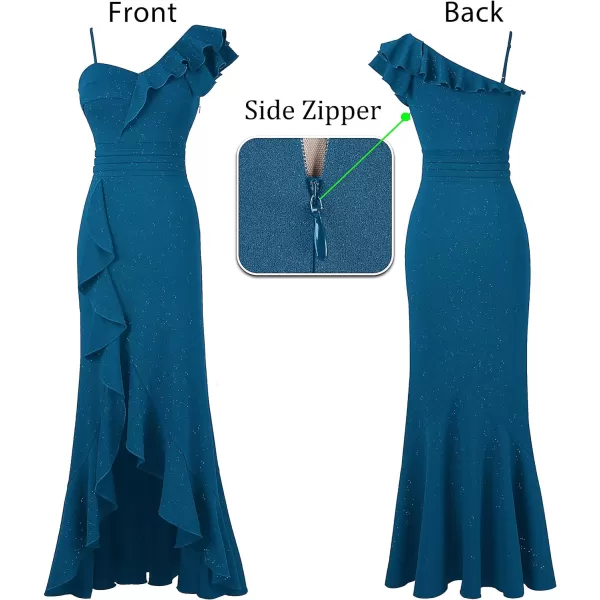 VFSHOW Womens Formal Prom One Shoulder Strap Ruched Ruffle Split Maxi Dress 2023 Sexy V Neck Wedding Guest Evening Long GownSparkly Teal Blue2