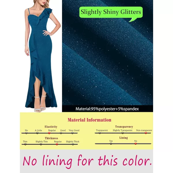 VFSHOW Womens Formal Prom One Shoulder Strap Ruched Ruffle Split Maxi Dress 2023 Sexy V Neck Wedding Guest Evening Long GownSparkly Teal Blue2