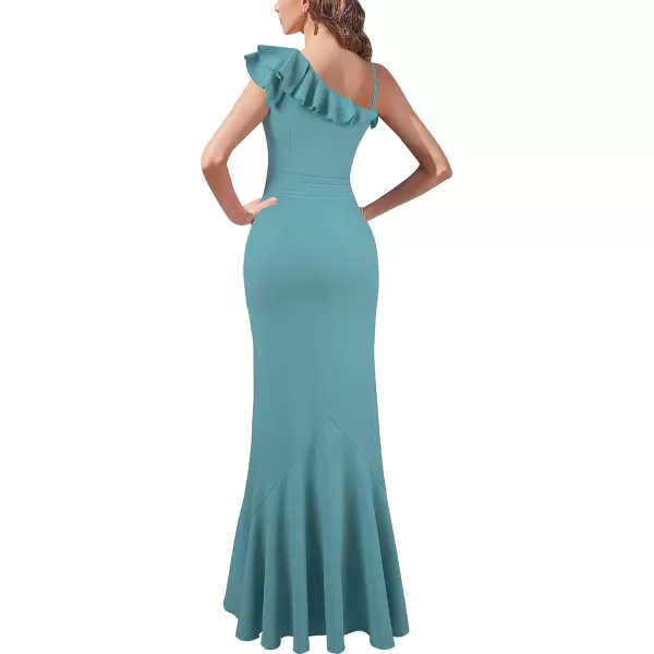 VFSHOW Womens Formal Prom One Shoulder Strap Ruched Ruffle Split Maxi Dress 2023 Sexy V Neck Wedding Guest Evening Long GownTurquoise