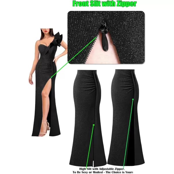 VFSHOW Womens Formal Prom Ruffle One Shoulder Beaded Strap Ruched Maxi Dress V Neck Sexy High Slit Cocktail Evening Long GownSparkly Black