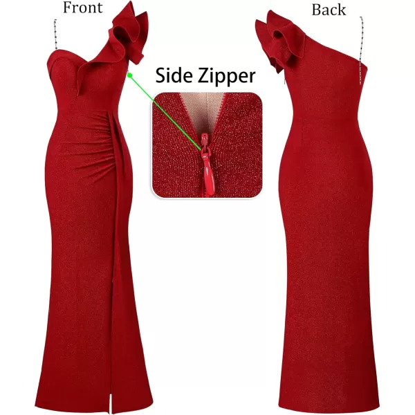 VFSHOW Womens Formal Prom Ruffle One Shoulder Beaded Strap Ruched Maxi Dress V Neck Sexy High Slit Cocktail Evening Long GownSparkly Red