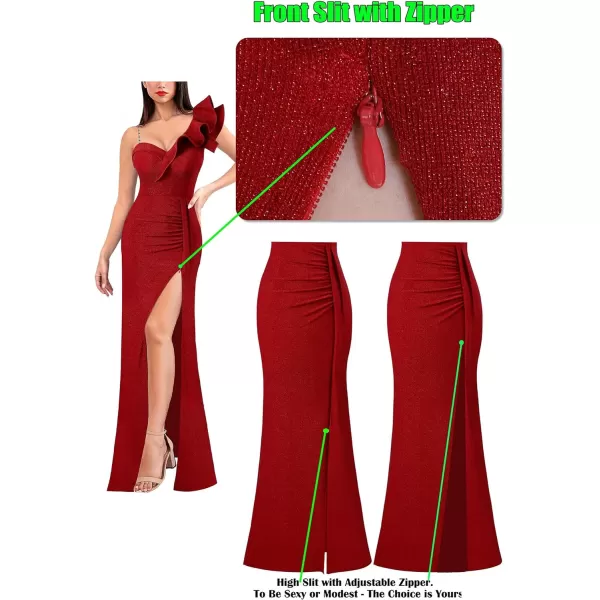 VFSHOW Womens Formal Prom Ruffle One Shoulder Beaded Strap Ruched Maxi Dress V Neck Sexy High Slit Cocktail Evening Long GownSparkly Red