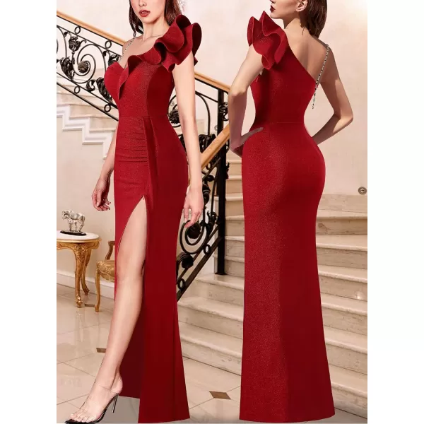 VFSHOW Womens Formal Prom Ruffle One Shoulder Beaded Strap Ruched Maxi Dress V Neck Sexy High Slit Cocktail Evening Long GownSparkly Red