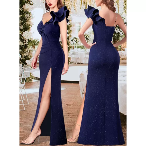 VFSHOW Womens Formal Prom Ruffle One Shoulder Strap Ruched Maxi Dress 2024 Sexy Twist Front Split Wedding Guest Evening GownSparkly Navy Blue