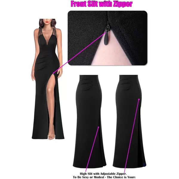 VFSHOW Womens Formal Prom Sexy Deep V Neck Ruched Backless High Slit Maxi Dress 2024 Wedding Guest Long Cocktail Evening GownSolid Black