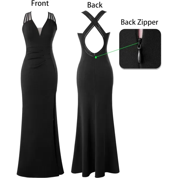 VFSHOW Womens Formal Prom Sexy Deep V Neck Ruched Backless High Slit Maxi Dress 2024 Wedding Guest Long Cocktail Evening GownSolid Black