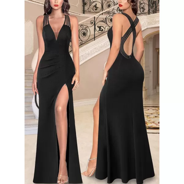 VFSHOW Womens Formal Prom Sexy Deep V Neck Ruched Backless High Slit Maxi Dress 2024 Wedding Guest Long Cocktail Evening GownSolid Black