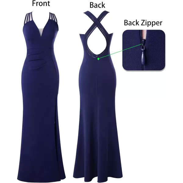 VFSHOW Womens Formal Prom Sexy Deep V Neck Ruched Backless High Slit Maxi Dress 2024 Wedding Guest Long Cocktail Evening GownSolid Navy Blue