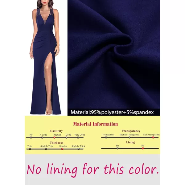 VFSHOW Womens Formal Prom Sexy Deep V Neck Ruched Backless High Slit Maxi Dress 2024 Wedding Guest Long Cocktail Evening GownSolid Navy Blue