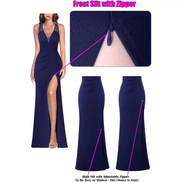 VFSHOW Womens Formal Prom Sexy Deep V Neck Ruched Backless High Slit Maxi Dress 2024 Wedding Guest Long Cocktail Evening GownSolid Navy Blue