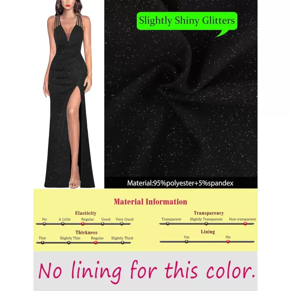 VFSHOW Womens Formal Prom Sexy Deep V Neck Ruched Backless High Slit Maxi Dress 2024 Wedding Guest Long Cocktail Evening GownSparkly Black