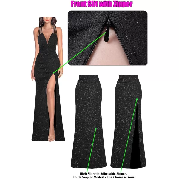 VFSHOW Womens Formal Prom Sexy Deep V Neck Ruched Backless High Slit Maxi Dress 2024 Wedding Guest Long Cocktail Evening GownSparkly Black