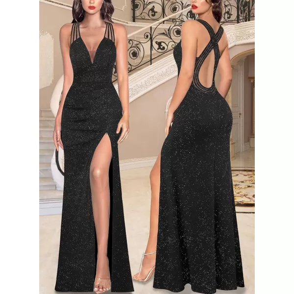 VFSHOW Womens Formal Prom Sexy Deep V Neck Ruched Backless High Slit Maxi Dress 2024 Wedding Guest Long Cocktail Evening GownSparkly Black