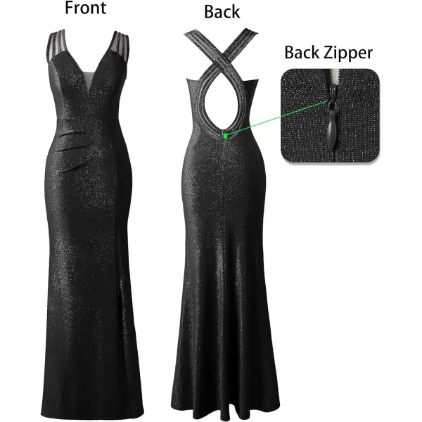 VFSHOW Womens Formal Prom Sexy Deep V Neck Ruched Backless High Slit Maxi Dress 2024 Wedding Guest Long Cocktail Evening GownSparkly Black2