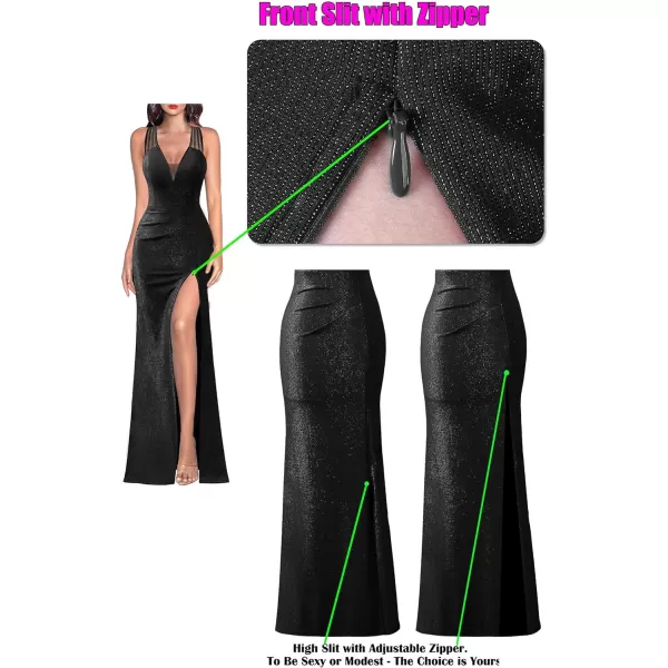 VFSHOW Womens Formal Prom Sexy Deep V Neck Ruched Backless High Slit Maxi Dress 2024 Wedding Guest Long Cocktail Evening GownSparkly Black2