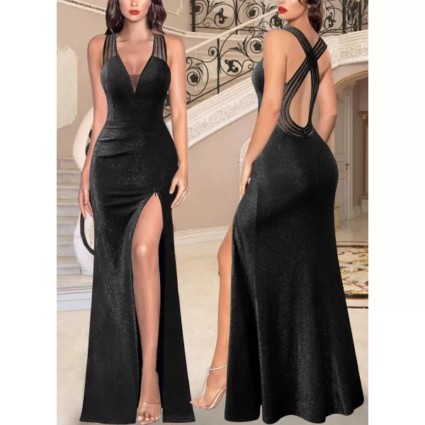 VFSHOW Womens Formal Prom Sexy Deep V Neck Ruched Backless High Slit Maxi Dress 2024 Wedding Guest Long Cocktail Evening GownSparkly Black2