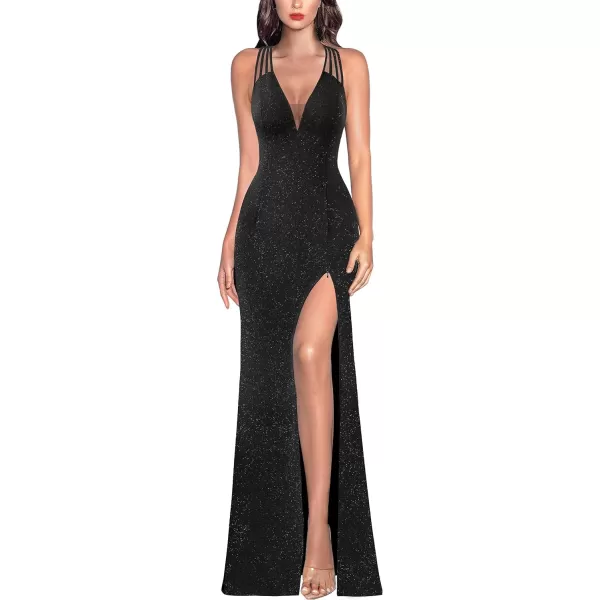 VFSHOW Womens Formal Prom Sexy Deep V Neck Ruched Backless High Slit Maxi Dress 2024 Wedding Guest Long Cocktail Evening GownSparkly Black3