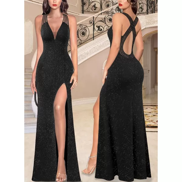 VFSHOW Womens Formal Prom Sexy Deep V Neck Ruched Backless High Slit Maxi Dress 2024 Wedding Guest Long Cocktail Evening GownSparkly Black3