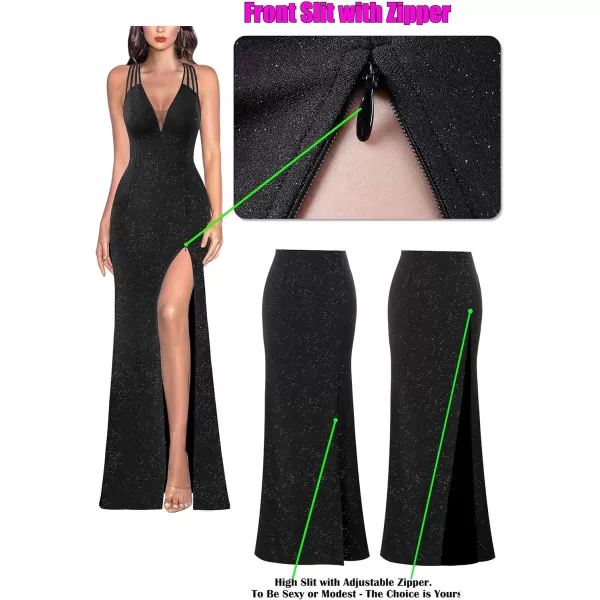 VFSHOW Womens Formal Prom Sexy Deep V Neck Ruched Backless High Slit Maxi Dress 2024 Wedding Guest Long Cocktail Evening GownSparkly Black3