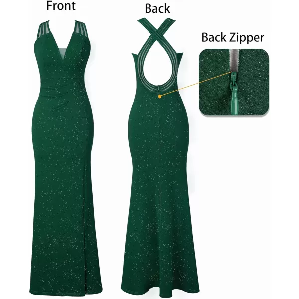 VFSHOW Womens Formal Prom Sexy Deep V Neck Ruched Backless High Slit Maxi Dress 2024 Wedding Guest Long Cocktail Evening GownSparkly Dark Green