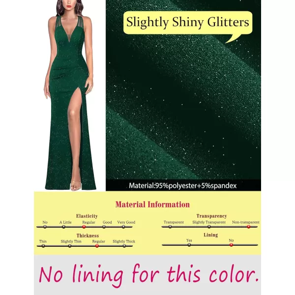 VFSHOW Womens Formal Prom Sexy Deep V Neck Ruched Backless High Slit Maxi Dress 2024 Wedding Guest Long Cocktail Evening GownSparkly Dark Green