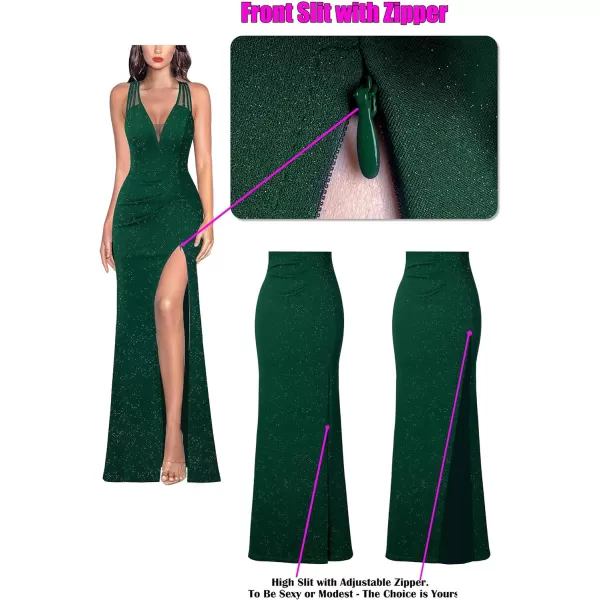 VFSHOW Womens Formal Prom Sexy Deep V Neck Ruched Backless High Slit Maxi Dress 2024 Wedding Guest Long Cocktail Evening GownSparkly Dark Green