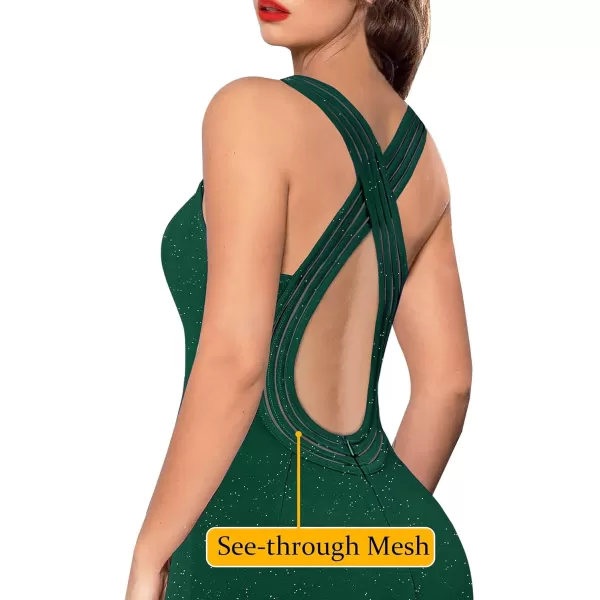 VFSHOW Womens Formal Prom Sexy Deep V Neck Ruched Backless High Slit Maxi Dress 2024 Wedding Guest Long Cocktail Evening GownSparkly Dark Green