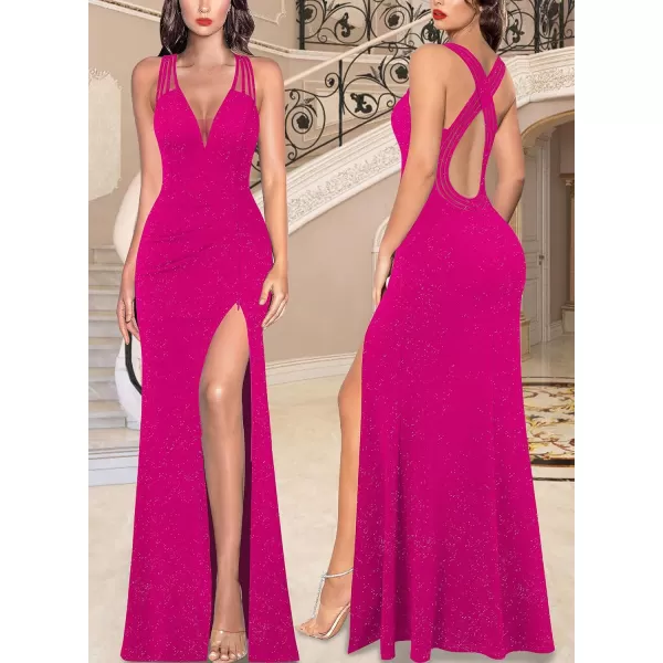 VFSHOW Womens Formal Prom Sexy Deep V Neck Ruched Backless High Slit Maxi Dress 2024 Wedding Guest Long Cocktail Evening GownSparkly Hot Pink