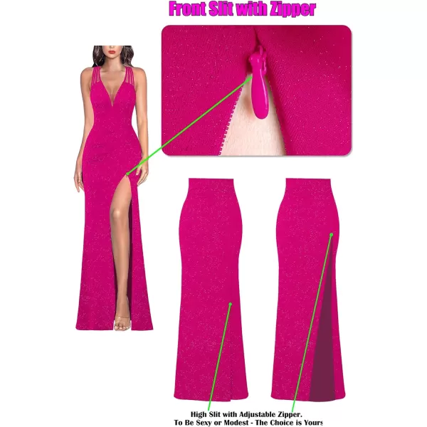 VFSHOW Womens Formal Prom Sexy Deep V Neck Ruched Backless High Slit Maxi Dress 2024 Wedding Guest Long Cocktail Evening GownSparkly Hot Pink