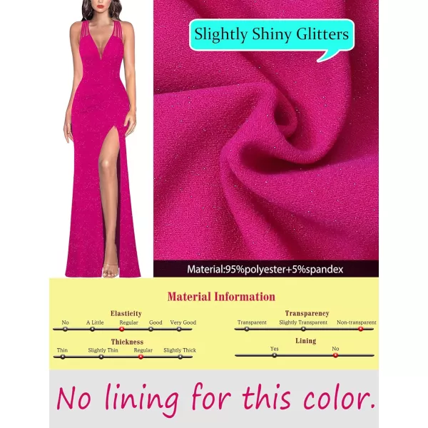 VFSHOW Womens Formal Prom Sexy Deep V Neck Ruched Backless High Slit Maxi Dress 2024 Wedding Guest Long Cocktail Evening GownSparkly Hot Pink