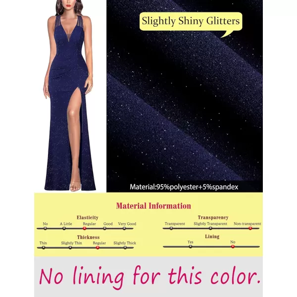 VFSHOW Womens Formal Prom Sexy Deep V Neck Ruched Backless High Slit Maxi Dress 2024 Wedding Guest Long Cocktail Evening GownSparkly Navy Blue