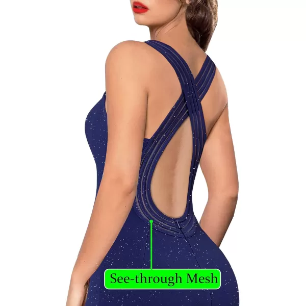 VFSHOW Womens Formal Prom Sexy Deep V Neck Ruched Backless High Slit Maxi Dress 2024 Wedding Guest Long Cocktail Evening GownSparkly Navy Blue