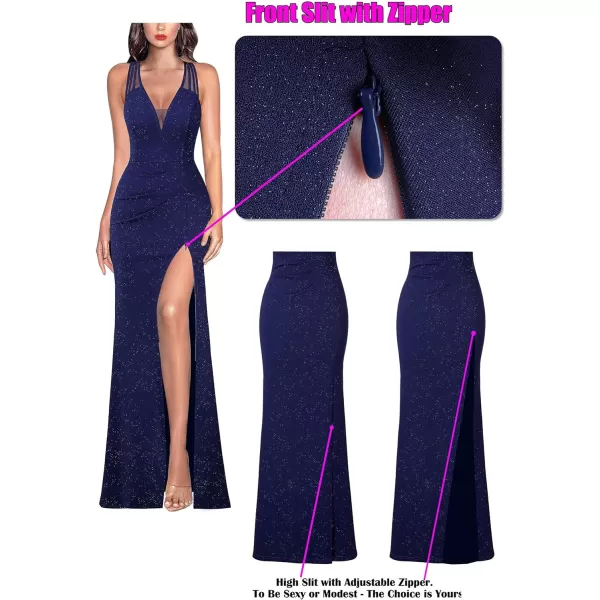 VFSHOW Womens Formal Prom Sexy Deep V Neck Ruched Backless High Slit Maxi Dress 2024 Wedding Guest Long Cocktail Evening GownSparkly Navy Blue