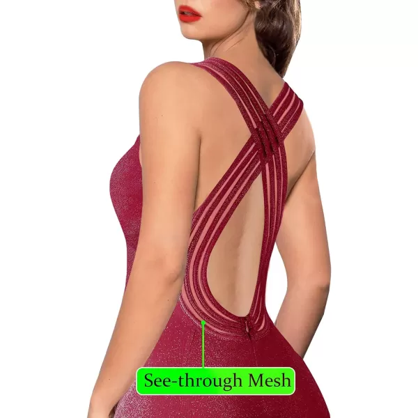 VFSHOW Womens Formal Prom Sexy Deep V Neck Ruched Backless High Slit Maxi Dress 2024 Wedding Guest Long Cocktail Evening GownSparkly Red