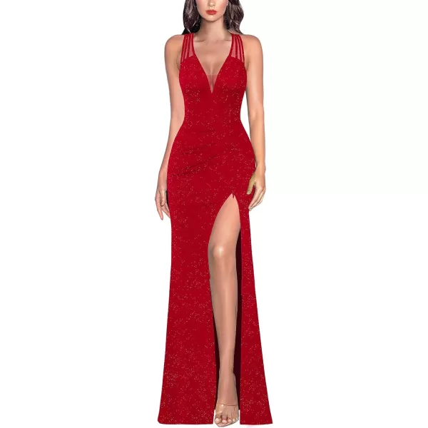 VFSHOW Womens Formal Prom Sexy Deep V Neck Ruched Backless High Slit Maxi Dress 2024 Wedding Guest Long Cocktail Evening GownSparkly Red