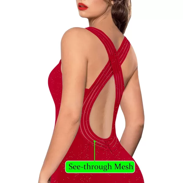 VFSHOW Womens Formal Prom Sexy Deep V Neck Ruched Backless High Slit Maxi Dress 2024 Wedding Guest Long Cocktail Evening GownSparkly Red