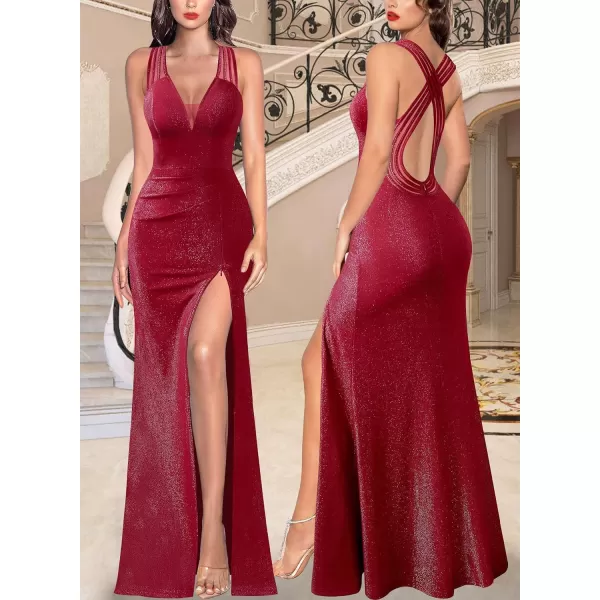 VFSHOW Womens Formal Prom Sexy Deep V Neck Ruched Backless High Slit Maxi Dress 2024 Wedding Guest Long Cocktail Evening GownSparkly Red