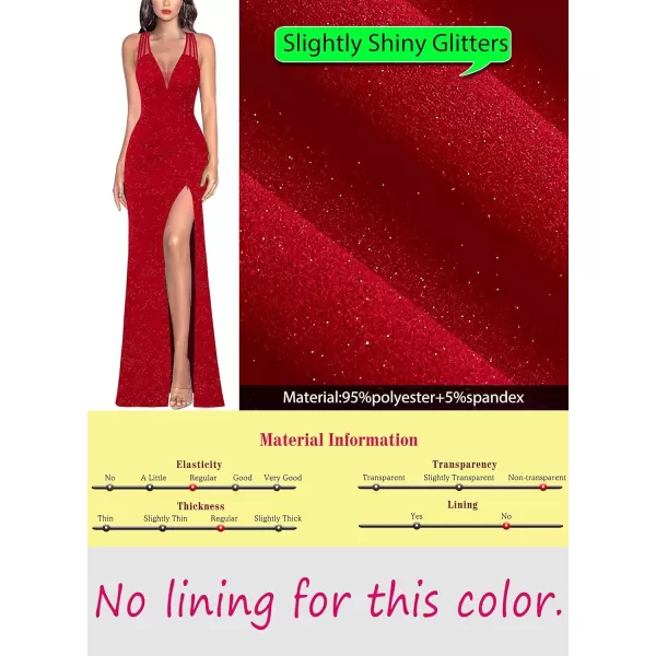 VFSHOW Womens Formal Prom Sexy Deep V Neck Ruched Backless High Slit Maxi Dress 2024 Wedding Guest Long Cocktail Evening GownSparkly Red