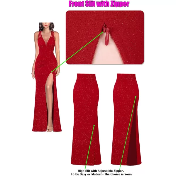 VFSHOW Womens Formal Prom Sexy Deep V Neck Ruched Backless High Slit Maxi Dress 2024 Wedding Guest Long Cocktail Evening GownSparkly Red