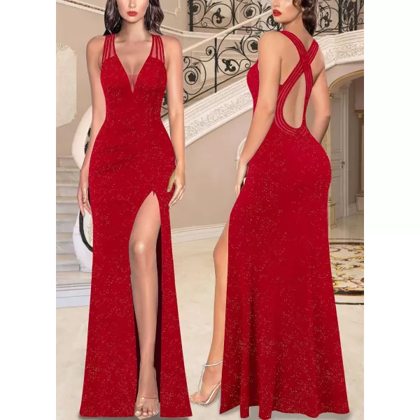 VFSHOW Womens Formal Prom Sexy Deep V Neck Ruched Backless High Slit Maxi Dress 2024 Wedding Guest Long Cocktail Evening GownSparkly Red