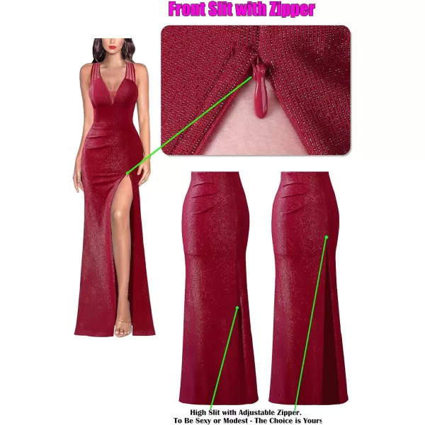 VFSHOW Womens Formal Prom Sexy Deep V Neck Ruched Backless High Slit Maxi Dress 2024 Wedding Guest Long Cocktail Evening GownSparkly Red