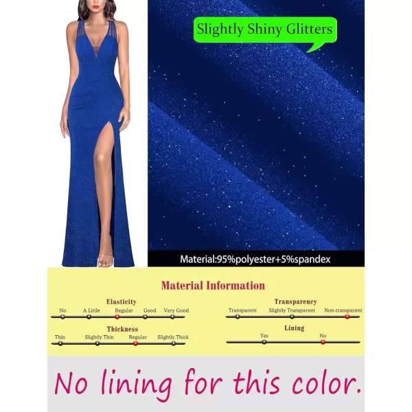 VFSHOW Womens Formal Prom Sexy Deep V Neck Ruched Backless High Slit Maxi Dress 2024 Wedding Guest Long Cocktail Evening GownSparkly Royal Blue