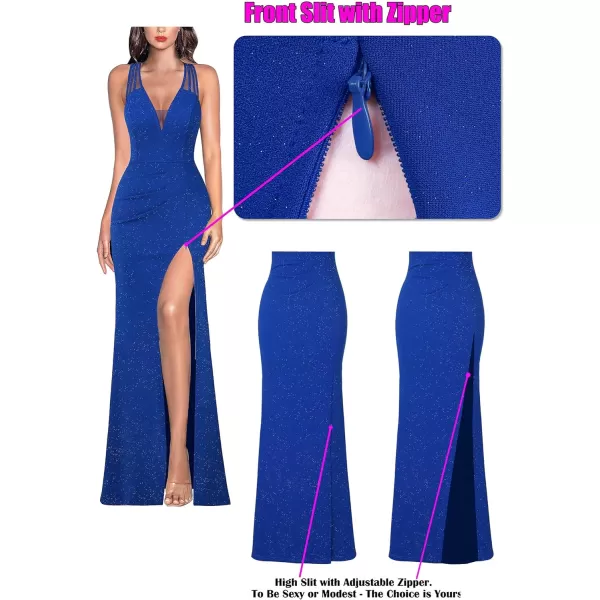 VFSHOW Womens Formal Prom Sexy Deep V Neck Ruched Backless High Slit Maxi Dress 2024 Wedding Guest Long Cocktail Evening GownSparkly Royal Blue