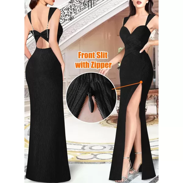 VFSHOW Womens Formal Prom Sexy Sweetheart Neckline Backless Ruched Maxi Dress 2024 Crinkle Wide Strap High Split Evening GownBlack