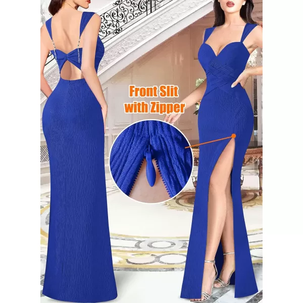 VFSHOW Womens Formal Prom Sexy Sweetheart Neckline Backless Ruched Maxi Dress 2024 Crinkle Wide Strap High Split Evening GownRoyal Blue