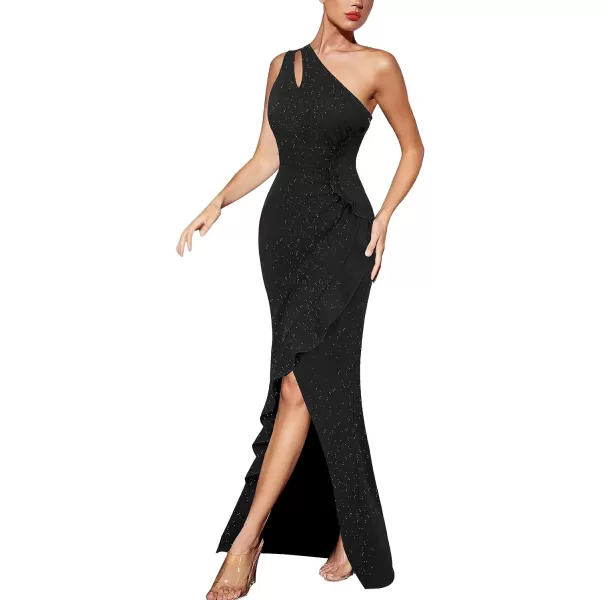 VFSHOW Womens Formal Ruched Ruffle One Shoulder Slit Cutout Evening Gown Fitted Wedding Maxi Long DressSparkly Black