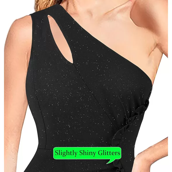 VFSHOW Womens Formal Ruched Ruffle One Shoulder Slit Cutout Evening Gown Fitted Wedding Maxi Long DressSparkly Black