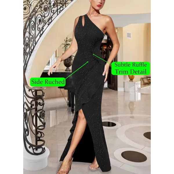 VFSHOW Womens Formal Ruched Ruffle One Shoulder Slit Cutout Evening Gown Fitted Wedding Maxi Long DressSparkly Black
